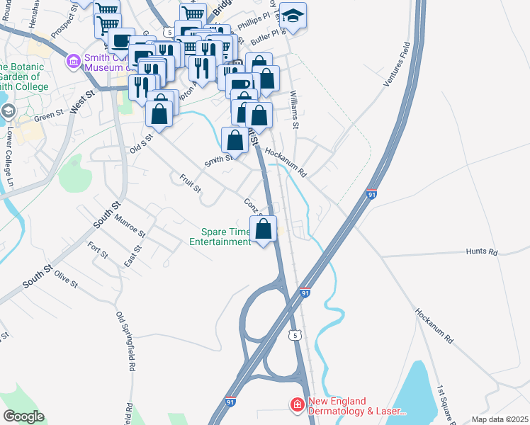 map of restaurants, bars, coffee shops, grocery stores, and more near 117 Conz Street in Northampton