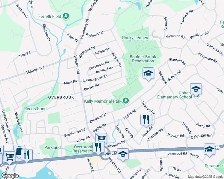 map of restaurants, bars, coffee shops, grocery stores, and more near 51 Pine Plain Road in Wellesley