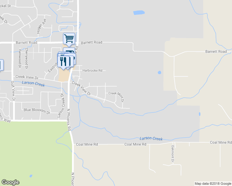 map of restaurants, bars, coffee shops, grocery stores, and more near Creek Mont Drive in Medford