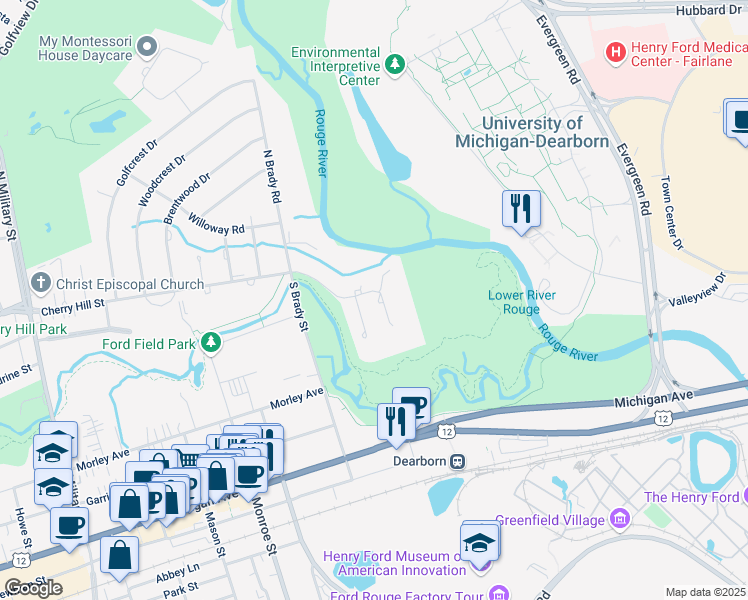 map of restaurants, bars, coffee shops, grocery stores, and more near 8 West Lane Court in Dearborn