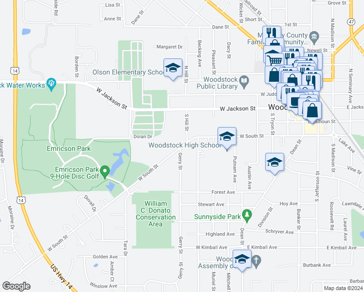 map of restaurants, bars, coffee shops, grocery stores, and more near 640 West South Street in Woodstock