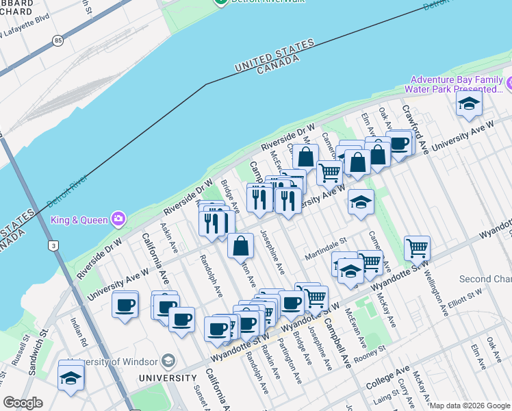 map of restaurants, bars, coffee shops, grocery stores, and more near in Windsor