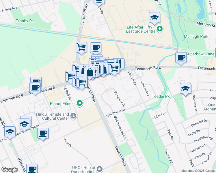 map of restaurants, bars, coffee shops, grocery stores, and more near 7641 Tecumseh Road East in Windsor