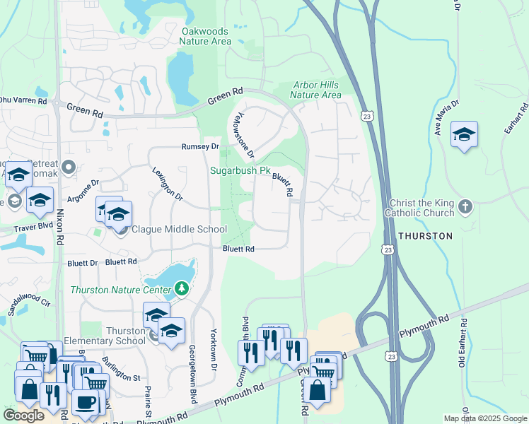 map of restaurants, bars, coffee shops, grocery stores, and more near 3330 Yellowstone Drive in Ann Arbor