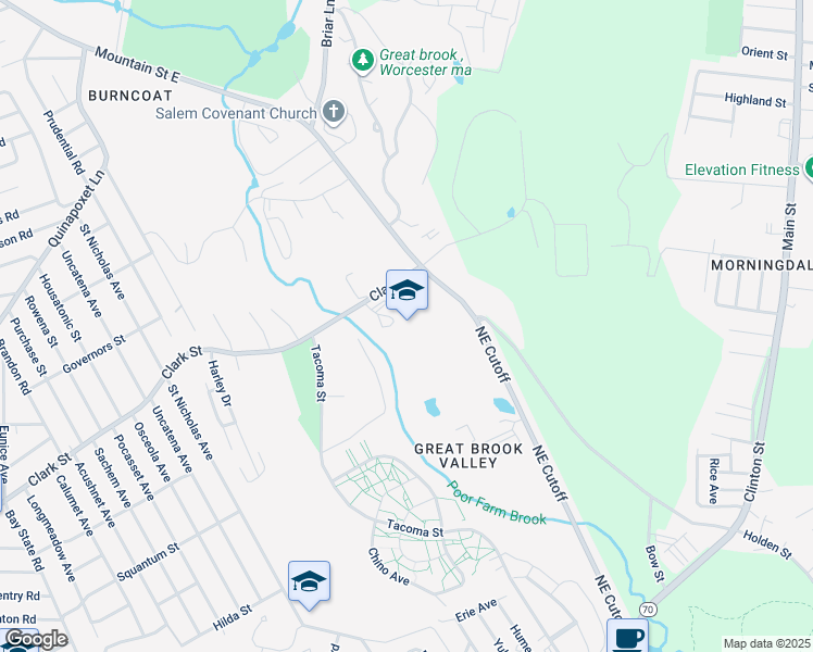 map of restaurants, bars, coffee shops, grocery stores, and more near 280 Clark Street in Worcester