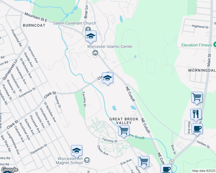map of restaurants, bars, coffee shops, grocery stores, and more near 280 Clark Street in Worcester