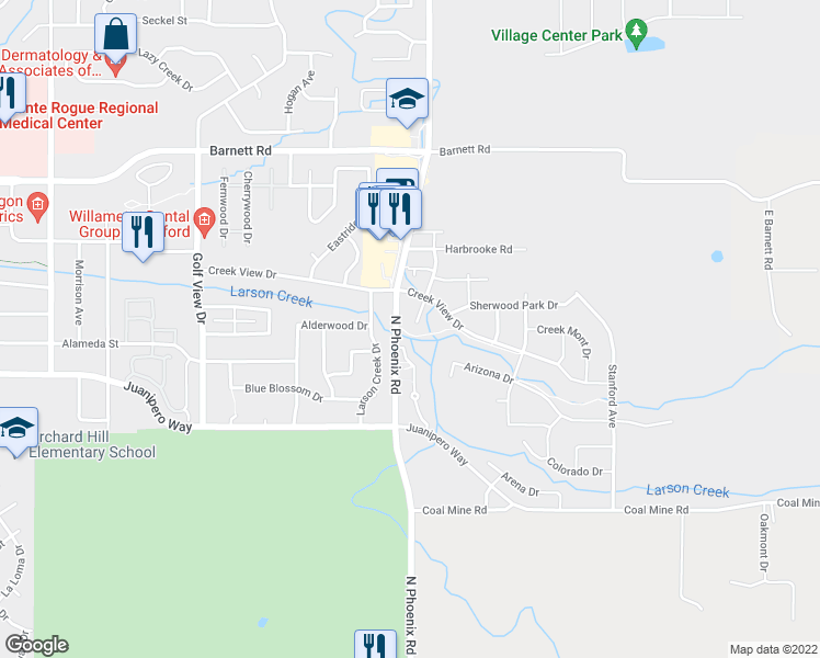 map of restaurants, bars, coffee shops, grocery stores, and more near 1401 Larson Creek Drive in Medford