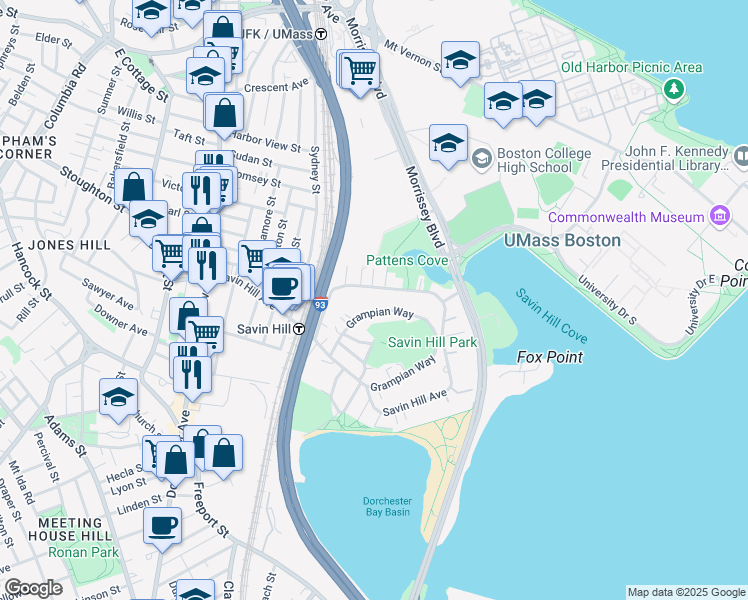 map of restaurants, bars, coffee shops, grocery stores, and more near 40 Grampian Way in Boston