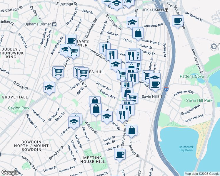 map of restaurants, bars, coffee shops, grocery stores, and more near 56 Sawyer Avenue in Boston