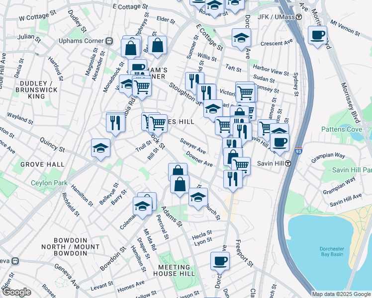 map of restaurants, bars, coffee shops, grocery stores, and more near 60 Downer Avenue in Boston