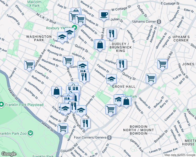 map of restaurants, bars, coffee shops, grocery stores, and more near 25 Creston Street in Boston