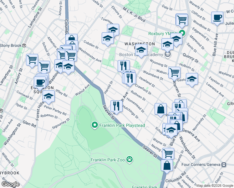 map of restaurants, bars, coffee shops, grocery stores, and more near 83 Homestead Street in Boston