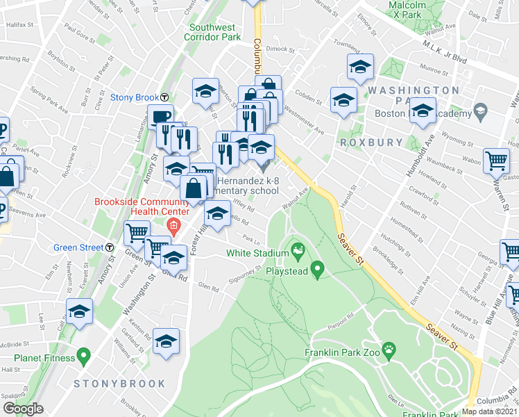 map of restaurants, bars, coffee shops, grocery stores, and more near 55 Iffley Road in Boston