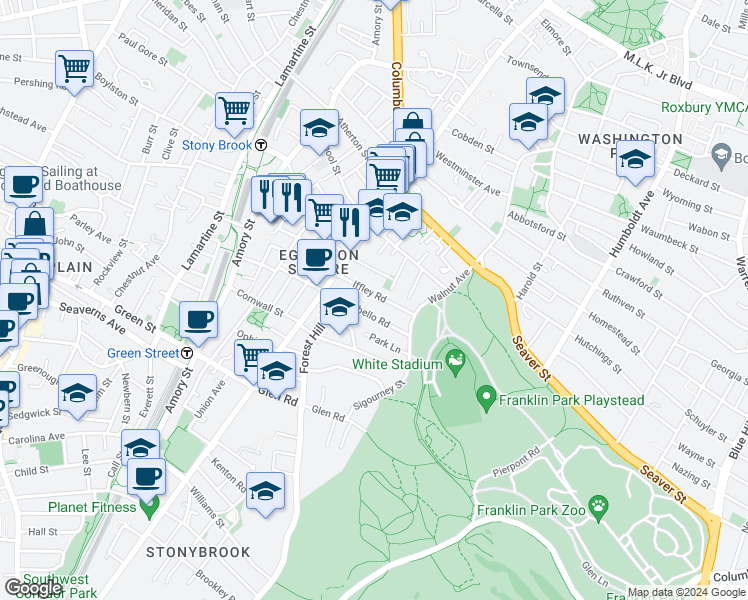 map of restaurants, bars, coffee shops, grocery stores, and more near 70 Montebello Road in Boston