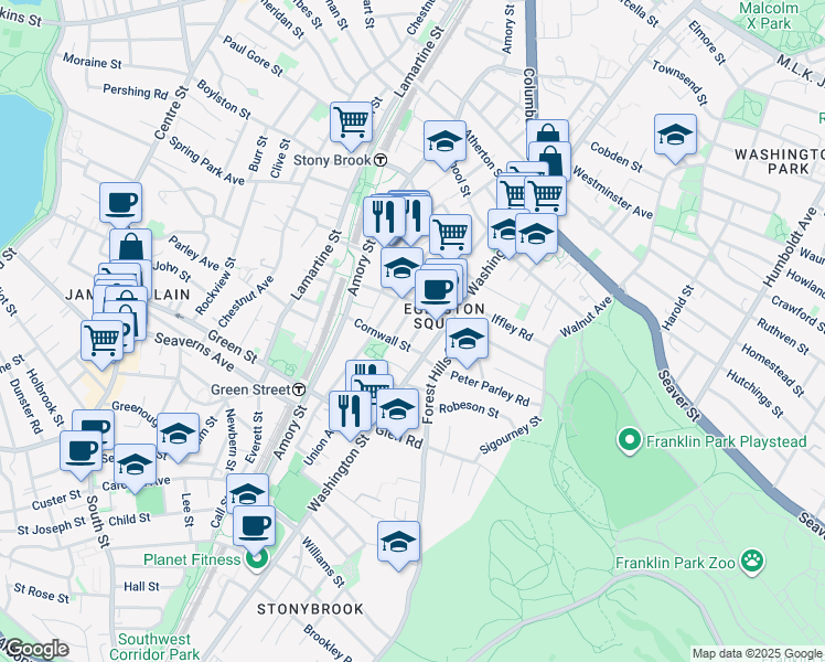 map of restaurants, bars, coffee shops, grocery stores, and more near 6 Haverford Street in Boston