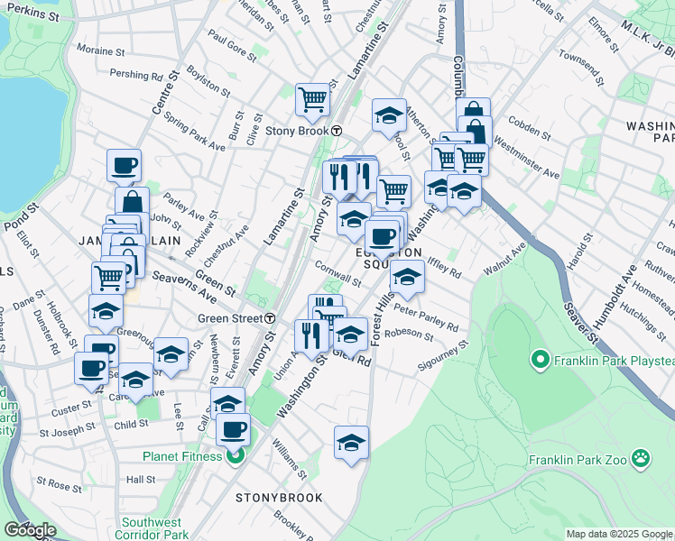 map of restaurants, bars, coffee shops, grocery stores, and more near 73 Merriam Street in Boston