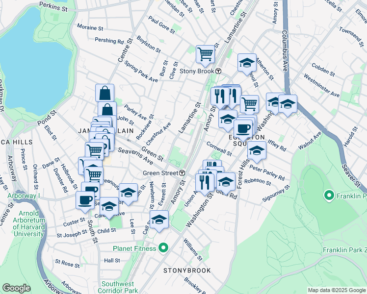 map of restaurants, bars, coffee shops, grocery stores, and more near 3 Oakdale Terrace in Boston