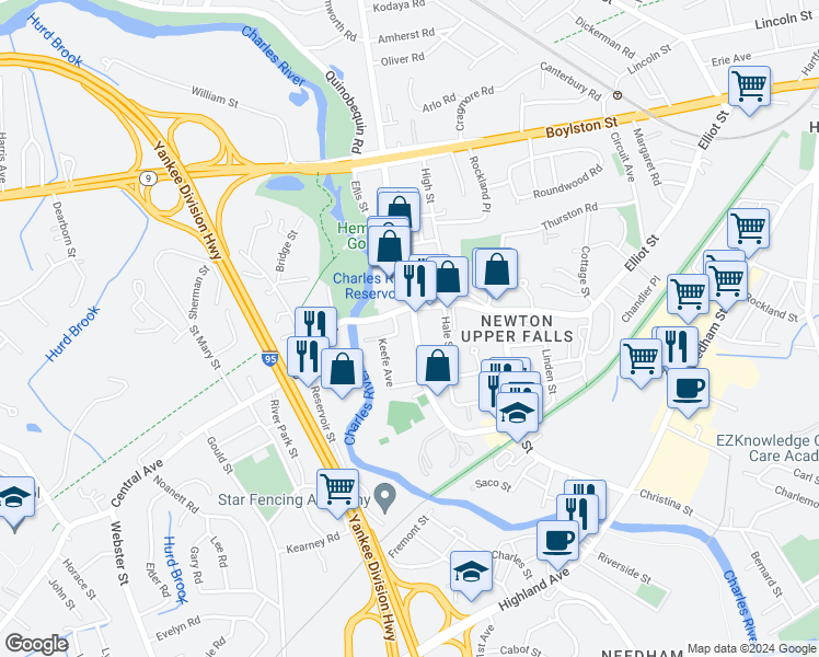 map of restaurants, bars, coffee shops, grocery stores, and more near 1075 Chestnut Street in Newton