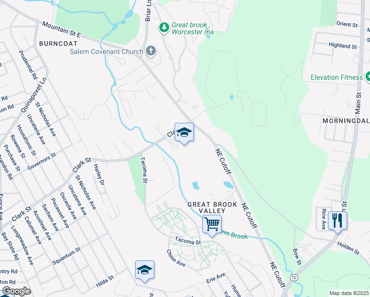 map of restaurants, bars, coffee shops, grocery stores, and more near 280 Clark St in Worcester