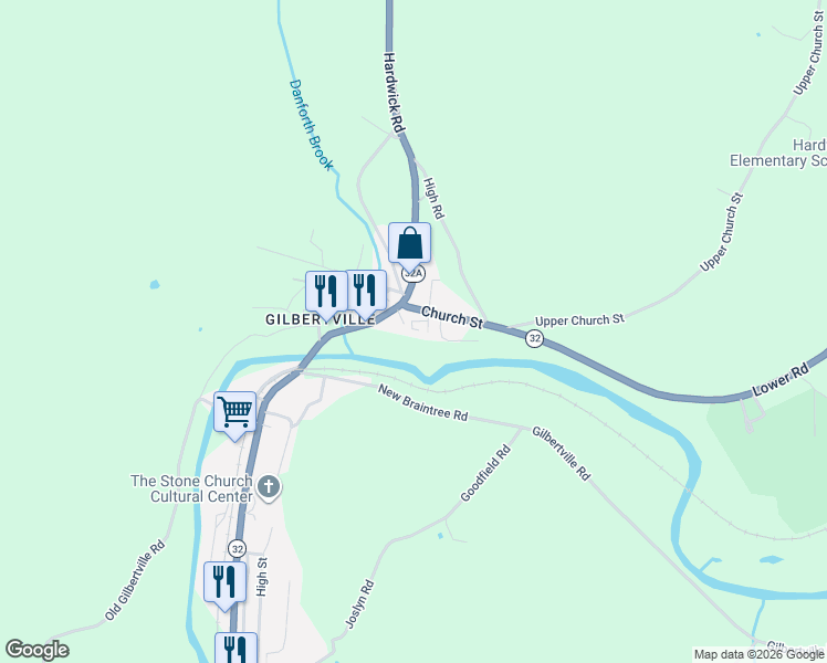 map of restaurants, bars, coffee shops, grocery stores, and more near 46 Sullivan Avenue in Hardwick