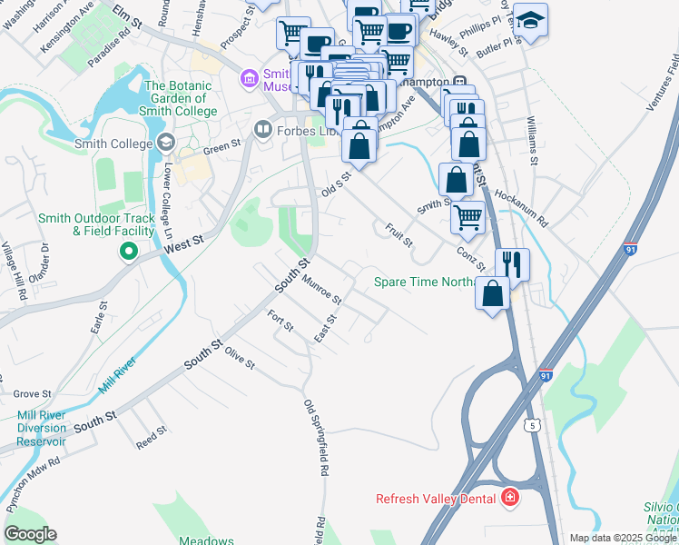 map of restaurants, bars, coffee shops, grocery stores, and more near 28 Lyman Road in Northampton