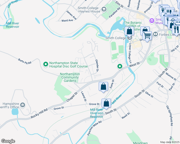 map of restaurants, bars, coffee shops, grocery stores, and more near 17 Village Hill Road in Northampton