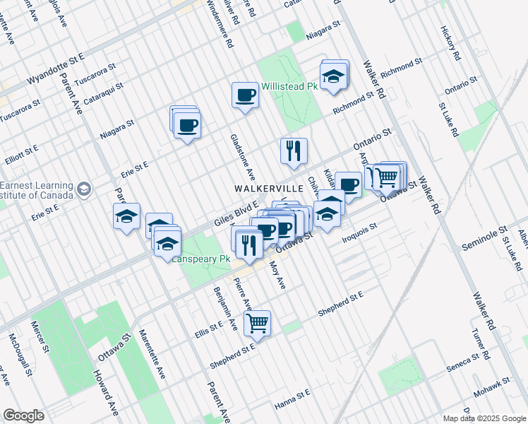 map of restaurants, bars, coffee shops, grocery stores, and more near 1235 Gladstone Avenue in Windsor