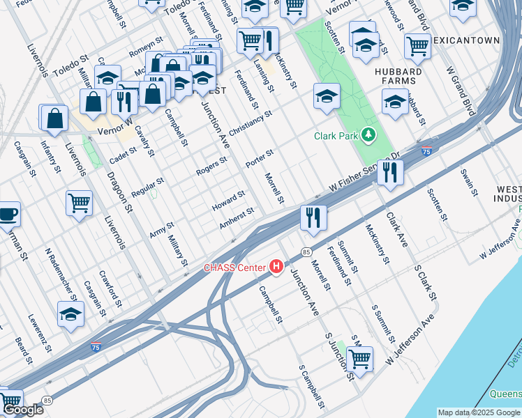 map of restaurants, bars, coffee shops, grocery stores, and more near 5645 Amherst Street in Detroit