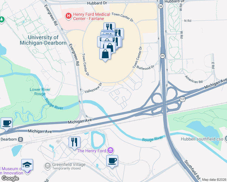 map of restaurants, bars, coffee shops, grocery stores, and more near 150 Lincoln Lane in Dearborn