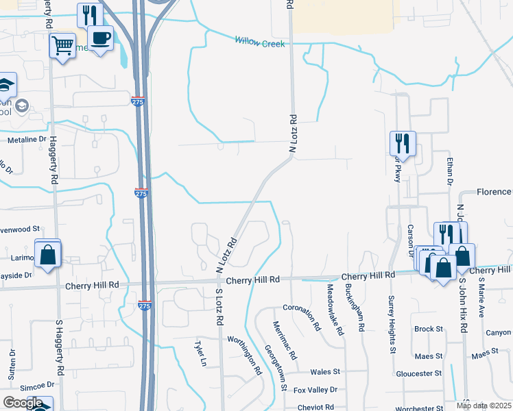 map of restaurants, bars, coffee shops, grocery stores, and more near 156 Cherry Hill Pointe Drive in Canton