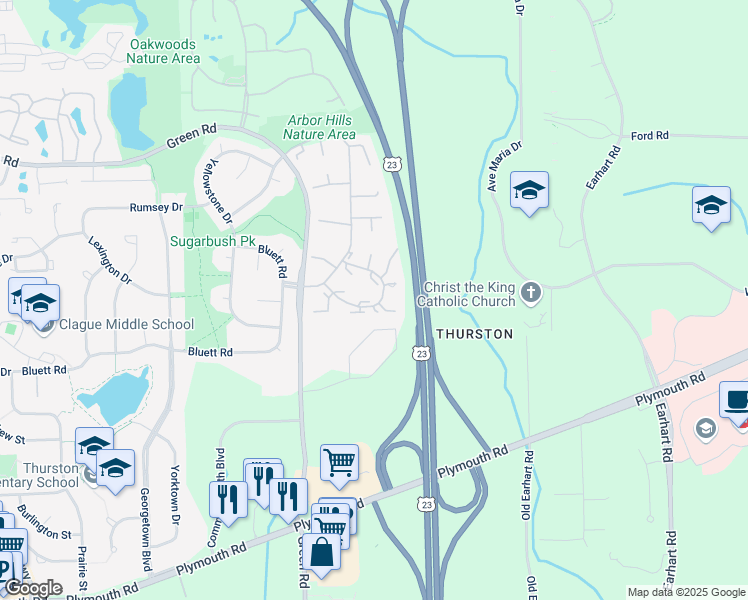 map of restaurants, bars, coffee shops, grocery stores, and more near 3044 Bolgos Circle in Ann Arbor