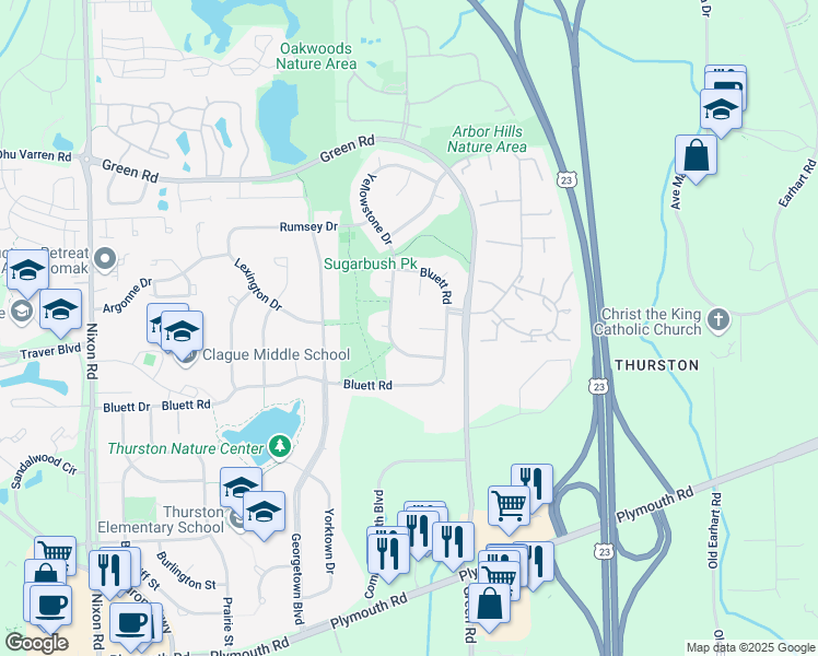 map of restaurants, bars, coffee shops, grocery stores, and more near 3330 Yellowstone Drive in Ann Arbor