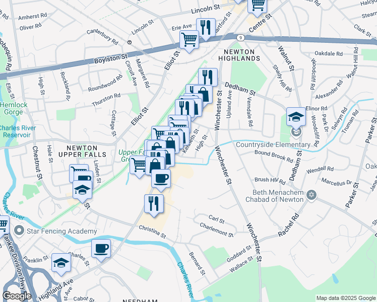 map of restaurants, bars, coffee shops, grocery stores, and more near 52 Kenneth Street in Newton