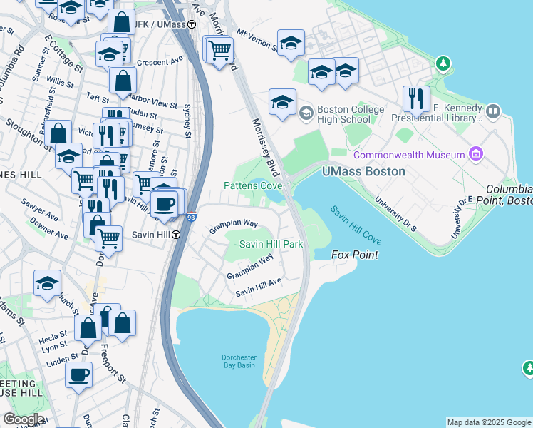 map of restaurants, bars, coffee shops, grocery stores, and more near 296 Savin Hill Avenue in Boston