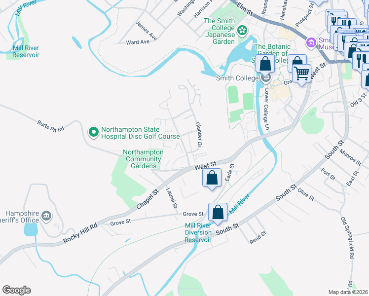 map of restaurants, bars, coffee shops, grocery stores, and more near 30 Village Hill Road in Northampton