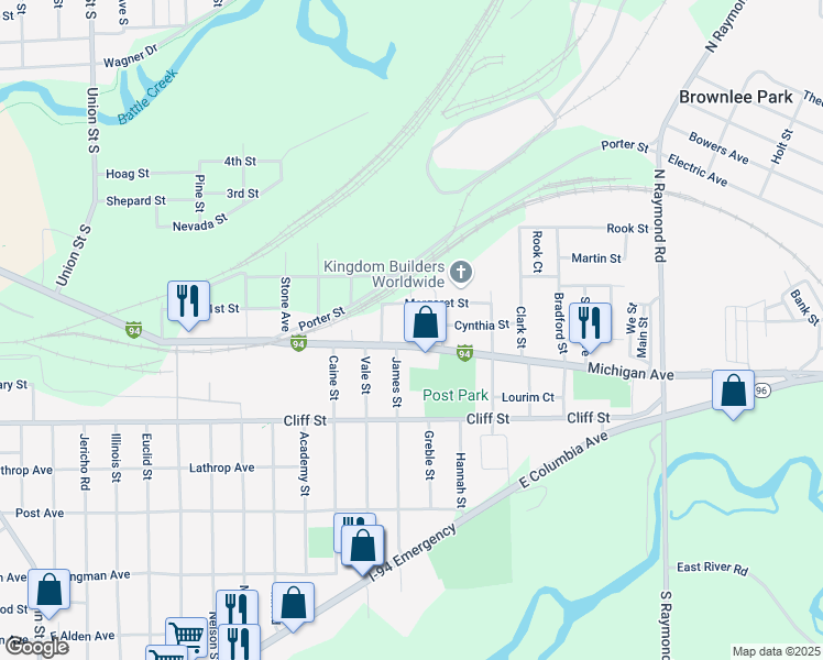 map of restaurants, bars, coffee shops, grocery stores, and more near 16 Spencer Street in Battle Creek