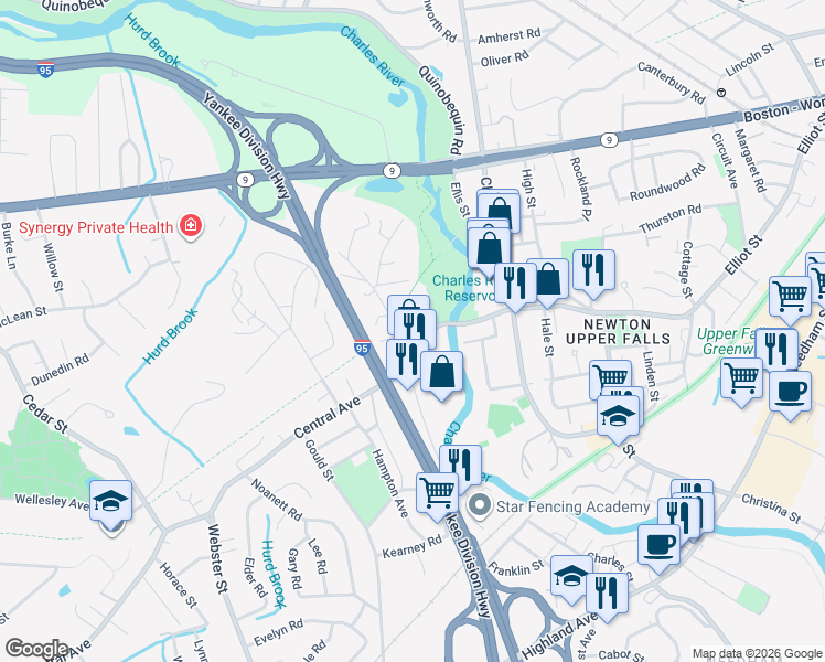 map of restaurants, bars, coffee shops, grocery stores, and more near 14 Vara Lane in Needham
