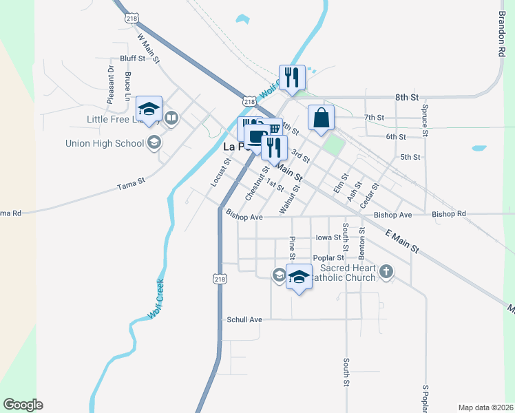 map of restaurants, bars, coffee shops, grocery stores, and more near 604 Sycamore Street in La Porte City