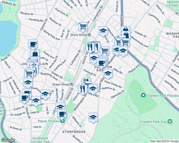 map of restaurants, bars, coffee shops, grocery stores, and more near 81 Brookside Avenue in Boston