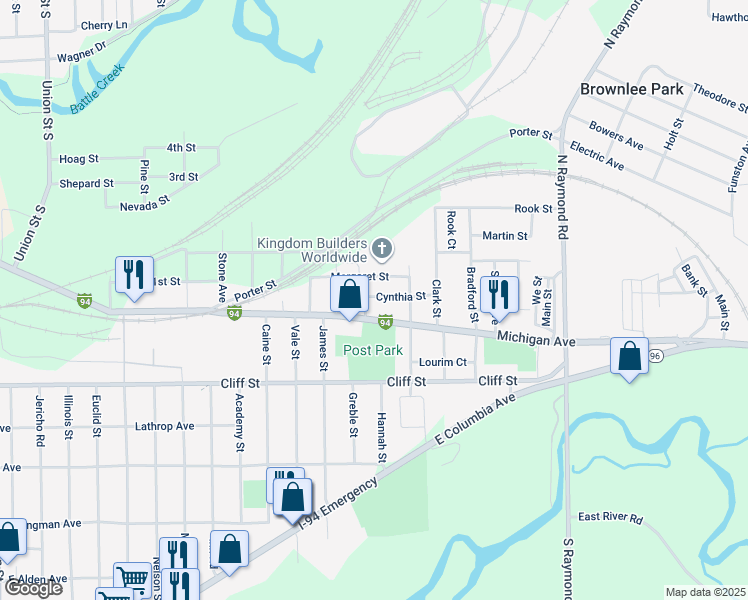 map of restaurants, bars, coffee shops, grocery stores, and more near 8 Cynthia Street in Battle Creek