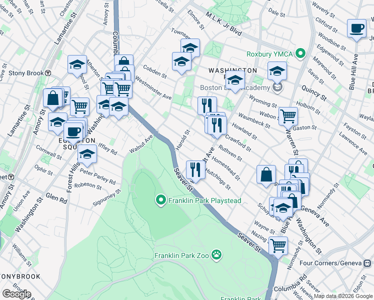 map of restaurants, bars, coffee shops, grocery stores, and more near 123 Hutchings Street in Boston