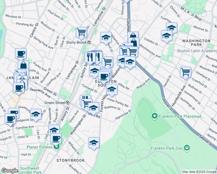 map of restaurants, bars, coffee shops, grocery stores, and more near 10 Forest Hills Street in Boston