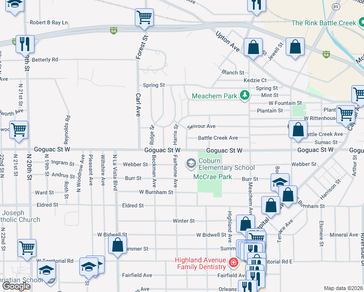 map of restaurants, bars, coffee shops, grocery stores, and more near 338 Goguac Street West in Battle Creek