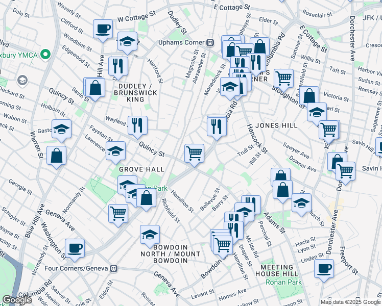 map of restaurants, bars, coffee shops, grocery stores, and more near 25 Drayton Avenue in Boston