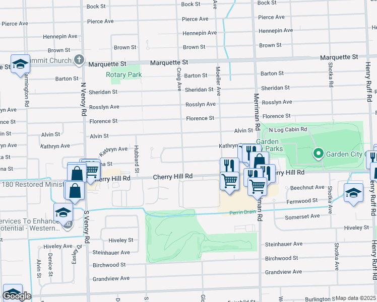 map of restaurants, bars, coffee shops, grocery stores, and more near 31941 Kathryn Street in Garden City