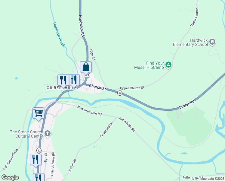 map of restaurants, bars, coffee shops, grocery stores, and more near 0 Lower Road in Hardwick