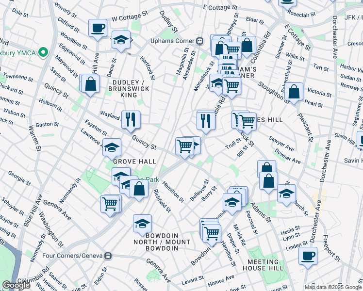 map of restaurants, bars, coffee shops, grocery stores, and more near 25 Drayton Avenue in Boston