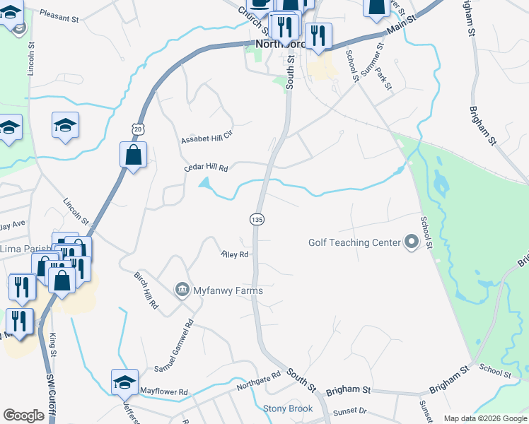 map of restaurants, bars, coffee shops, grocery stores, and more near 223 South Street in Northborough