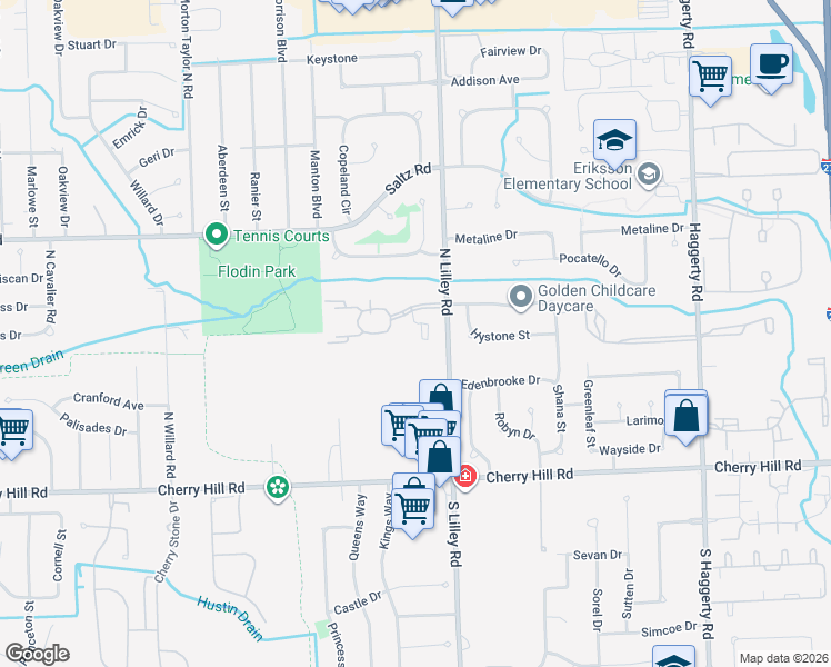 map of restaurants, bars, coffee shops, grocery stores, and more near 42595 Lilley Pointe Drive in Canton