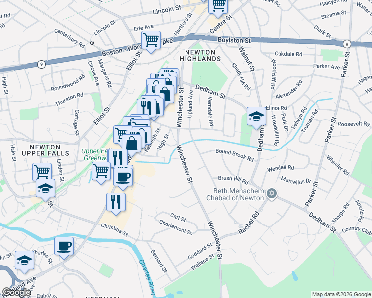 map of restaurants, bars, coffee shops, grocery stores, and more near 230 Winchester Street in Newton
